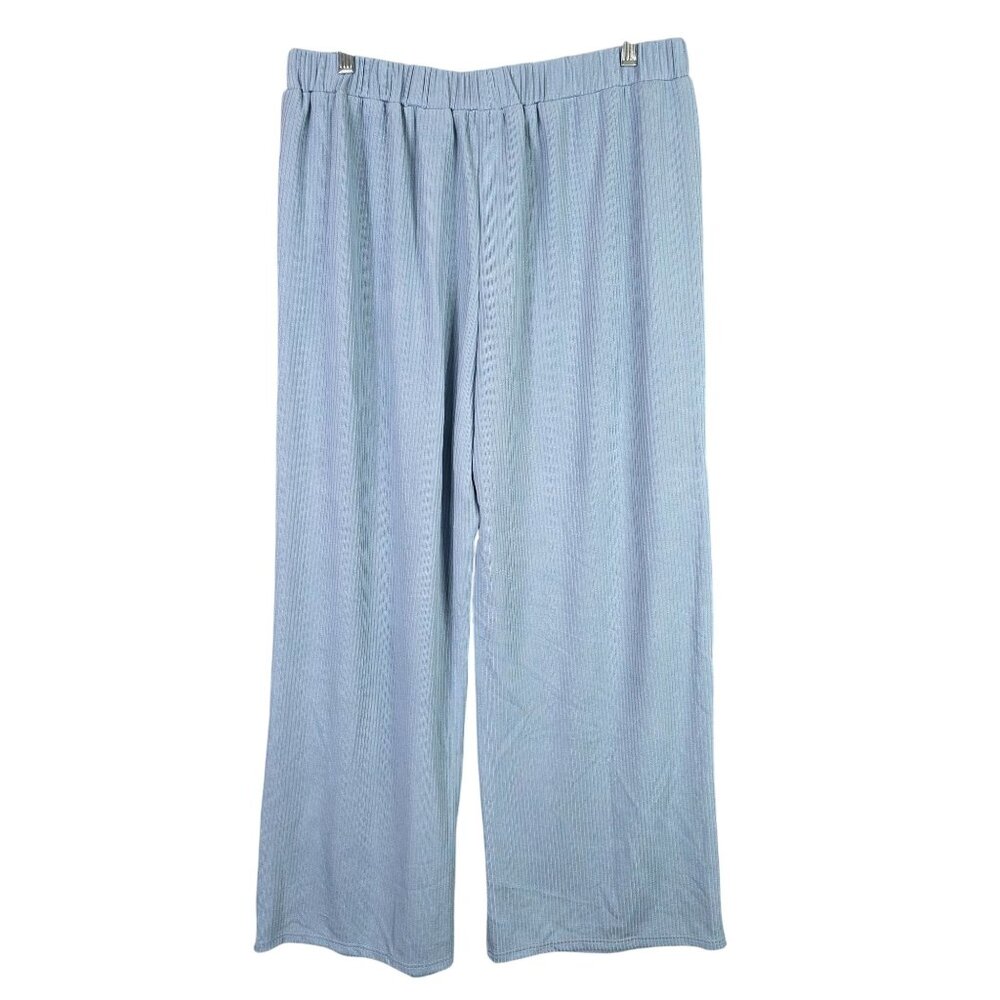 Womens Cider Blue Ribbed Wide Leg Pants Elastic Waist Polyester Stretch Size 1XL